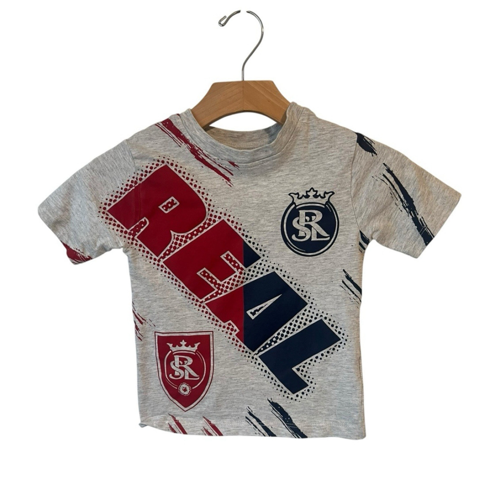 MLS Real Salt Lake T Shirt Youth Small 4-6 yr Gray Red Blue Real Logo Print NEW